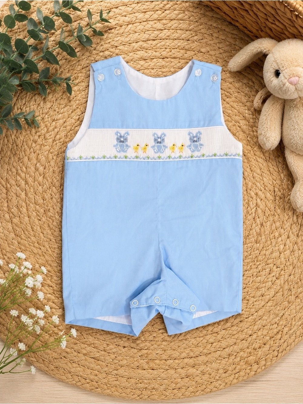 New Classic Whimsy Bunny Smocked Jon Jon Light Blue Size 3 Months Baby Boy